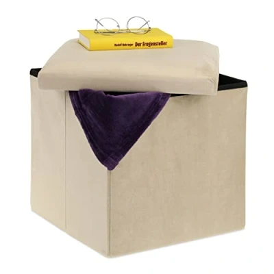 Image de Relaxdays Tabouret, Siège avec Rangement, H x L P : 38 cm, Pliable, Tabouret en MDF et Velours, Crème