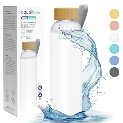Image de Aquafloow Flacons d&#039;eau Transparents, Brosilicate Étui en Néoprène 700 ml, Bouteille Verre avec Couvercle Bambou, Sans BPA Idéale pour Le Bureau, L&#039;école, La Maison Blanc