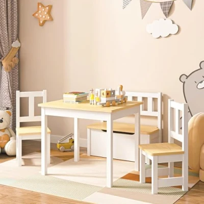 Image de [en.casa] Set de Meubles pour Enfants Ensemble Table et 2 Chaises avec Banc Rabattable Espace Jeu Design Pin MDF Naturel Blanc