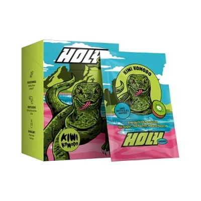 Image de Boîte d&#039;essai de 10 boosters jeu HOLY Energy “Kiwi Komodo avec poudre au goût kiwi portions NewCaff &amp; extrait thé vert Focus Drink Vegan arômes fruits 100% naturels
