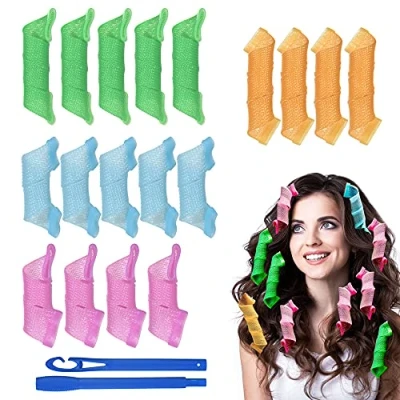 Image de URAQT Bigoudi Bigoudis, 18pcs DIY Magic Hair Waves Curls Boucles en Spirale Sans Chaleur avec Crochets de Coiffage pour Femmes, Filles, Cheveux Courts, Moyens, Longs, La Plupart des Types Coiffures