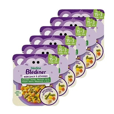Image de Blédina Morceaux à Dévorer avec Carottes Jaunes, Haricots Verts Patate Douce Macaronis &amp; Persil, 6 x 200g