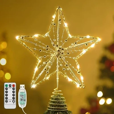 Image de Lewondr Etoile Sapin de Noël en Fer, 12 Pouces Lampe Forme Pentacle avec Guirlande Lumineuse, Décoration Alimentée par USB Télécommande et Fonction Minuterie pour Chambre,Large, Or