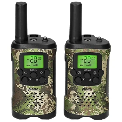 Image de Alecto FR 115 Set de Deux talkies Walkies pour Enfants Walki Talki avec portée jusqu&#039;à 7 kilomètres Walky Talky 8 canaux Lampe Poche intégrée écran éclairé Camouflage