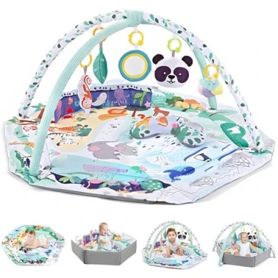 Image de TFDER Tapis de jeu multifonctionnel pour nouveau nés avec 8 jouets sensoriels détachables, facile à nettoyer, d&#039;éveil et jeux éducatif jouer bébés partir 0 mois（Vert）