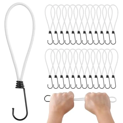 Image de PRETEX Bungee Cords with Hooks Set of 25pcs x 23cm (9&quot;) Universal Cord Straps and Fixings, Heavy Duty Bungees for Camping, Luggage &amp; Tarpaulin,White