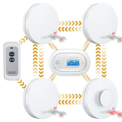 Image de Détecteur de fumée, Chaleur et monoxyde Carbone sans Fil interconnecté avec Pile 10 Ans, télécommande, certifié CE pré connecté 5 pièces
