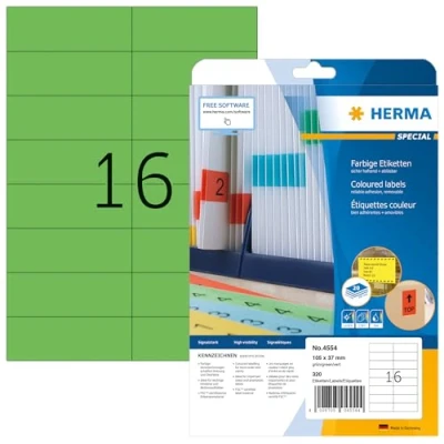 Image de HERMA 4554 Lot de 320 étiquettes autocollantes colorées format A4 (105 x 37 mm, 20 feuilles, papier mat) imprimables, amovibles et repositionnables Vert