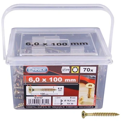 Image de Connex B30197 Vis universelles à tête fraisée avec empreinte étoile TX pour panneaux de particules 6,0 x 100 mm 85 pièces Jaune
