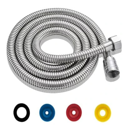 Image de Flexible Douche Universel 2M/79IN de Argent Tuyau en Acier Inoxydable Raccord Fileté G1/2&quot; Douchette avec 4 Limiteur Débit d&#039;eau(connecteur laiton)