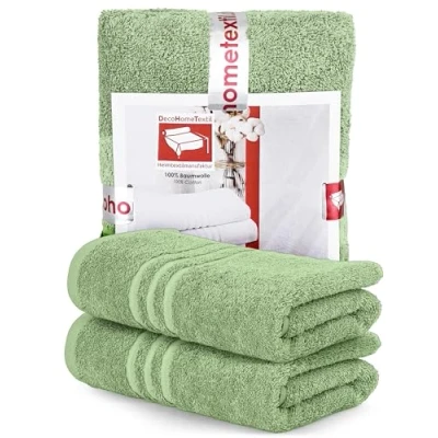 Image de DecoHomeTextil Lot De 2 serviettes toilette vert sauge en 100 % coton qualité supérieure Douces et absorbantes