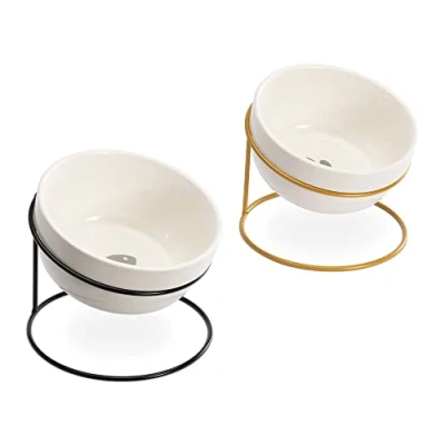 Image de Navaris Lot 2X Bol en céramique gamelle pour Chat Chien 14 x 11cm avec support métal Set surélevée socle