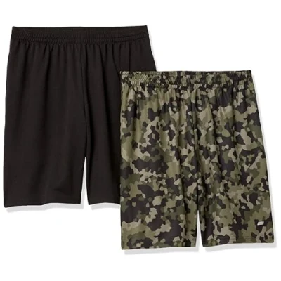 Image de Amazon Essentials Short à Coupe Ample en Textile Technique Haute Performance (Grandes Tailles Disponibles) Homme, Lot de 2, Noir/Vert Motif Géométrique Camouflage, L