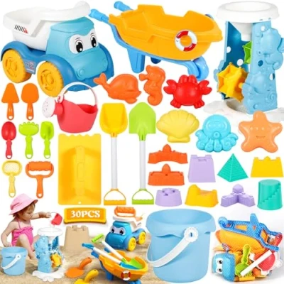 Image de GUHAOOL Jouet de Plage, 30PCS Bac à Sable Jouets Kit Jeu Plage Enfant avec Sac en Filet, Roue À Eau,Pelle Rateau Chateau,Moules pour Enfants Intérieur ou Extérieur