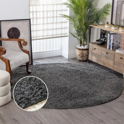 Image de Surya Home Tapis Shaggy Salon, Salle à Manger, Chambre Adulte et Ado, Cuisine Poil Long Moelleux Doux, Motif Moderne Abstrait, Grand Monochrome Rond 160cm Anthracite