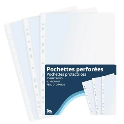 Image de Raylu Paper® pochettes plastiques perforées en polypropylène 100% recyclable, pour documents à grande ouverture, dos renforcé. 100 pièces (peau d&#039;orange, Folio 60 microns)