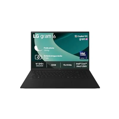 Image de LG Gram 16Z90TL G.AZ78F PC Portable 16&quot; 1239g, écran DCI P3 99% QHD+ Format, Intel® Evo™ Ultra7, RAM 32Go, SSD 1To NVMe, Arc™ Graphics, Win 11 Pro Next Gen Premium, Noir Obisidien