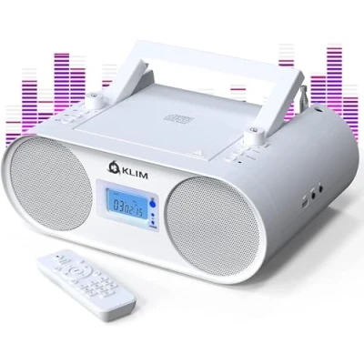 Image de KLIM Boombox B4 Poste Radio CD Portable + AM/FM, CD, Bluetooth, USB, MP3 Mode Filaire et sans Fil avec Piles Rechargeables Télécommande, Veille Auto Lecteur Blanc