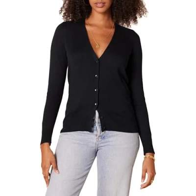 Image de Amazon Essentials Cardigan léger à col en V (Grande Taille Disponible) Femme, Noir, XS