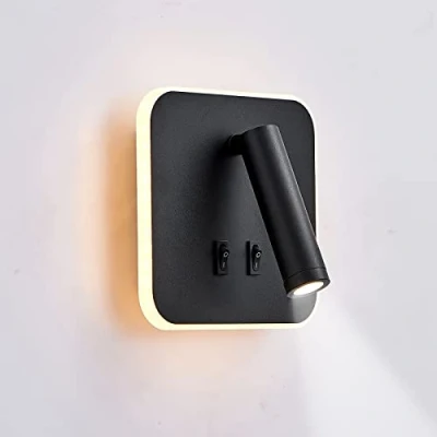 Image de uksunvi applique LED, de lecture chevet, liseuses murales LED 12W, spot orientable （3W + 9W 3000K lumière chaude） noir (carré)