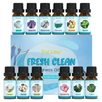 Image de SALKING Faire le ménage Huiles Essentielles, 12x10ML citronnelle, coton frais, linge savon à la cerise, air pur, aloe vera, talc, champ de lavande, lessive sauge plage, frais etc.
