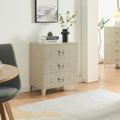 Image de [en.casa] Commode Métallique avec 3 Tiroirs Casier de Bureau Caisson Compartiments Fermés Meuble Rangement Industriel Acier 72 x 60 40 cm Camel