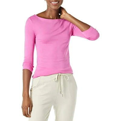 Image de Amazon Essentials T Shirt Col Bateau Uni Coupe Ajustée à Manches 3/4 Femme, Rose Vif, L