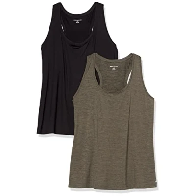 Image de Amazon Essentials Débardeur Technique Extensible à Dos Nageur (Disponible en Grande Taille) Femme, Lot de 2, Noir/Teinture Spatiale Olive, 5XL taille