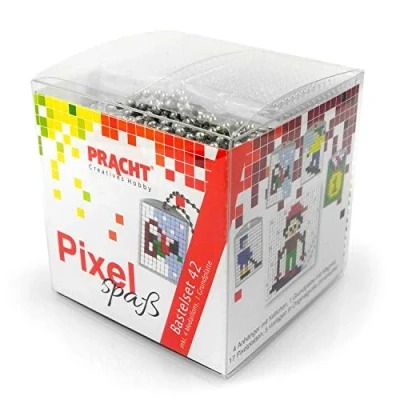Image de Pixel P90080 63501 Kit de bricolage amusant 42 avec pierres en bioplastique et plaque base, système d&#039;enfichage simple pour créer 4 porte clés (médaillons), sans repassage ni collage