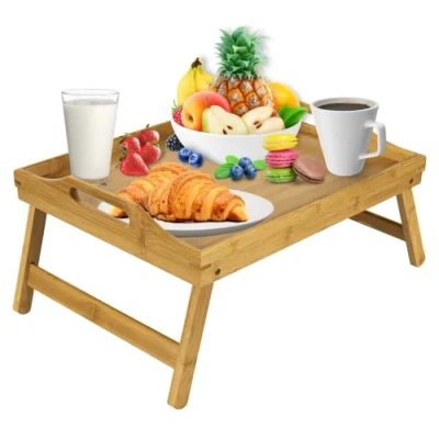 Image de Mosii plateau de lit en bambou avec poignées et pieds pliables, multifonction bureau debout pour petit déjeuner au lit, canapé, manger, dessin, ordinateur portable à goûter