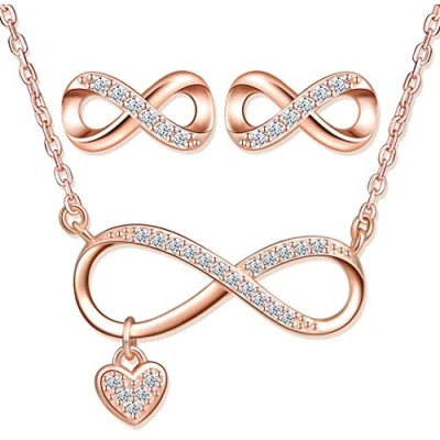 Image de Ensembles de bijoux en argent 925, Or rose Collier symbole l&#039;infini, Boucles d&#039;oreilles infini mignons, Zircon incrusté, pour femme fille, Cadeau Noël et Anniversaire