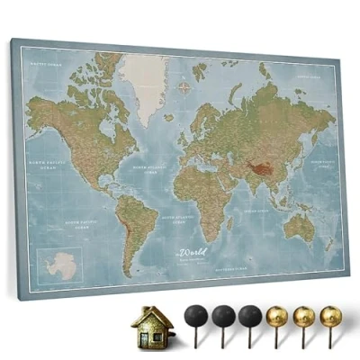 Image de Carte du monde en toile avec tableau d&#039;affichage liège Labels anglais Décoration murale décorative pour toutes les pièces Tableaux sur (90x60 cm, Motif 8)