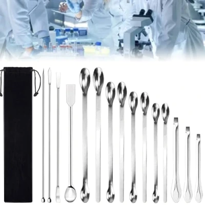 Image de DTYGUIXE15 Pièces Spatule de Laboratoire Cuillère Micro en Acier Inoxydable 304 Double Ended avec un Sac Velours pour Poudres Gel Bouchon Remplissage