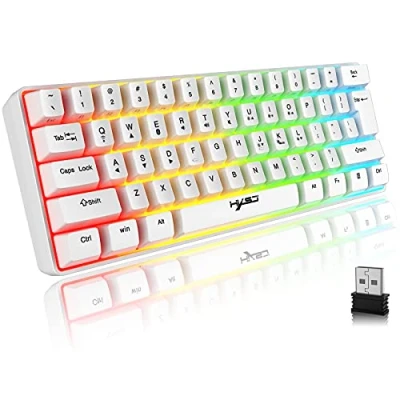 Image de Clavier sans Fil Eclairé Silencieux, 61 Touches Bluetooth 5.0 + 2.4G Double Mode Arc en Ciel Rétroéclairé Ergonomique 60% avec Batterie Rechargeable pour Windows Mac PC PS4 Gamer, Blanc