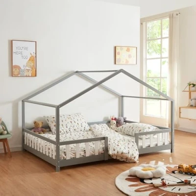 Image de Lit d&#039;enfant Design en Forme Maison avec Grille de Protection Construction Solide Capacité Charge 120 kg Bois Pin Contreplaqué 200 x cm Gris