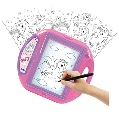Image de Lexibook Licorne Unicorn Projecteur à dessins, 4 tampons, 10 modèles, écran lumineux, 1 stylo inclus, jouet artistique et créatif pour filles garçons, Rose/Violet, CR310UNI