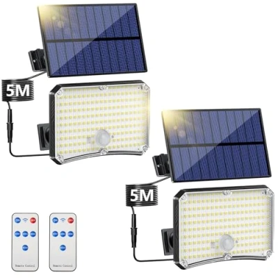 Image de Lampe Solaire Extérieur [2 Paquet] Lumiere Exterieur Detecteur de Mouvement 4 Modes Télécommande, Projecteur avec Panneau et Câble 5M pour Jardin, Garage