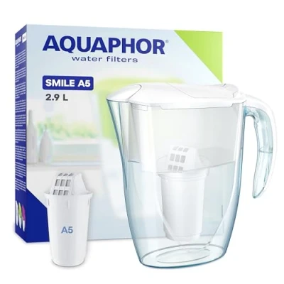 Image de AQUAPHOR Filtre à eau Carafe Smile Blanc incl 1 A5 I Réduit calcaire &amp; chlore 2,9 l compact léger de table s&#039;adapte dans porte du réfrigérateur