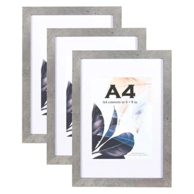 Image de Lot de 3 cadres photo A4 en bois gris ciment avec support, cadre A4, pour poster certificat, autoportant et montage mural