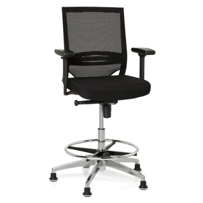 Image de hjh OFFICE 657550 Tabouret Technique, de Travail à Patins Top Work 77 Noir pour Un Usage intensif, avec accoudoirs et Repose Pieds, Profondeur l&#039;assise réglable, piètement Robuste