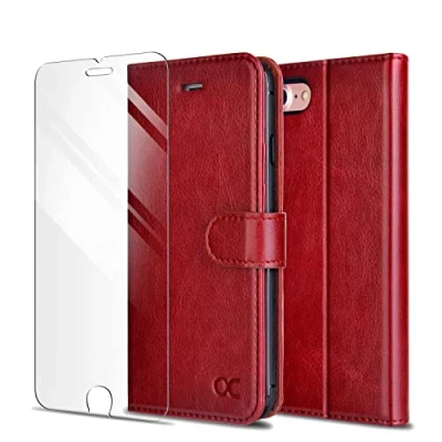 Image de OCASE Coque iPhone SE 2020 / 2022, 8, Housse 7 [ Film De Protection Offert ] Etui Porte Cartes à Rabat en Cuir pour 7/8 et 2020/2022, Rouge