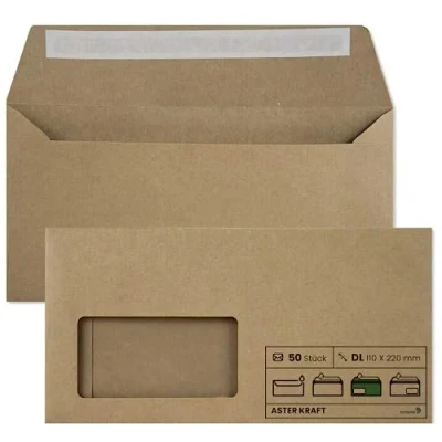 Image de Netuno 50 enveloppes longues papier Kraft DL 110x220 mm 100g Aster avec fenêtre à gauche recyclées écologique pour lettres documents commerciaux factures