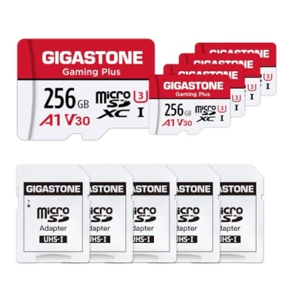 Image de Gigastone Carte Mémoire 256 Go Lot de 5 cartes, Gaming Plus Série, Vitesse Lecture allant jusqu&#039;à 100 Mo/s. A1 U3 V30 Micro SDXC pour Switch HD vidéos Dashcam GoPro Drone, avec Adaptateur SD.