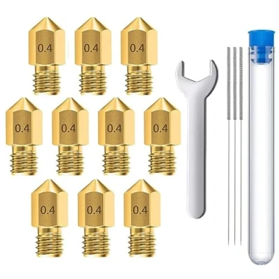 Image de MMOBIEL 10 pièces MK8 en laiton de 0,4 mm pour imprimante 3D, extrudeuse compatible avec les séries Creality Ender 3, 5, CR 10/10S, Makerbot, Anet A8, incluant 3 aiguilles nettoyage et Clé