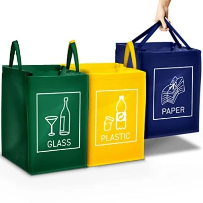 Image de TRESKO Lot de 3 Plastique bacs déchets Poubelle Trieur à recyclage, Vert/jaune/bleu