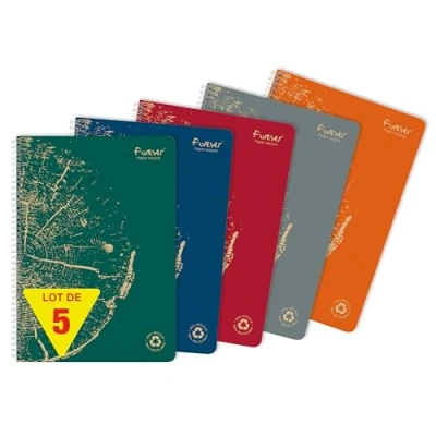 Image de Forever 68401C Lot de 5 Cahiers à Spirale 100% Recyclé (une marque Clairefontaine) A4 21x29,7 cm 120 Pages Détachables Grands Carreaux Papier Blanc 90 g Couverture Cartonnée Recyclée