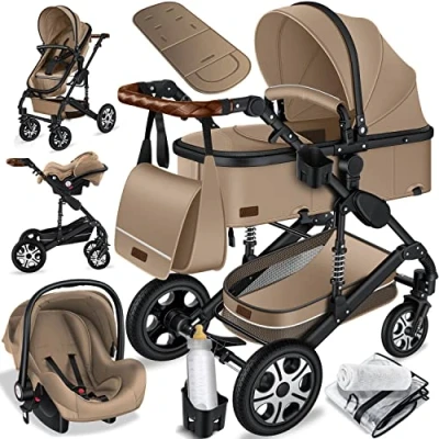 Image de KESSER® poussette combinée 3en1 Set incl. baignoire bébé siège sport &amp; auto pour Pneus pleins en caoutchouc Sac à langer Protection pluie Table enfant ECE R129 beige/noir