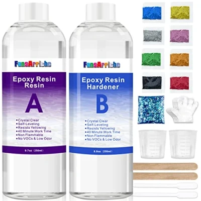 Image de Resine Epoxy Transparente Kit Complet 500ml 1: 1 Ratio Transparent Résine époxy Cristalline Pour Moulage et Revêtement, Dessus de Table, Fabrication Bijoux Décoration Artisanale