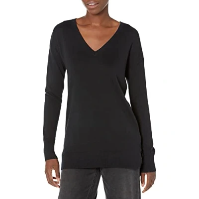 Image de Amazon Essentials Pull Tunique Léger À Manches Longues Et Col En v (Disponible Grande Taille) Femme, Noir, L