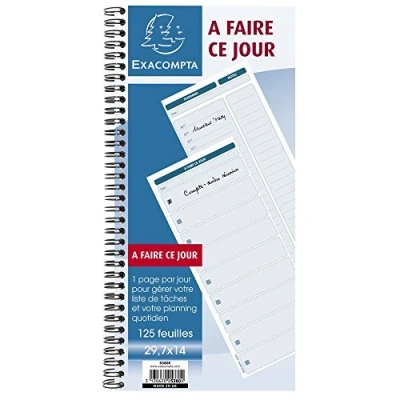 Image de Exacompta Réf. 5380E 1 carnet spiralé &quot;A faire ce jour&quot; avec liste des tâches en page droite et planning horaire de gauche 125 feuilles format 297 x 140 mm certifié PEFC